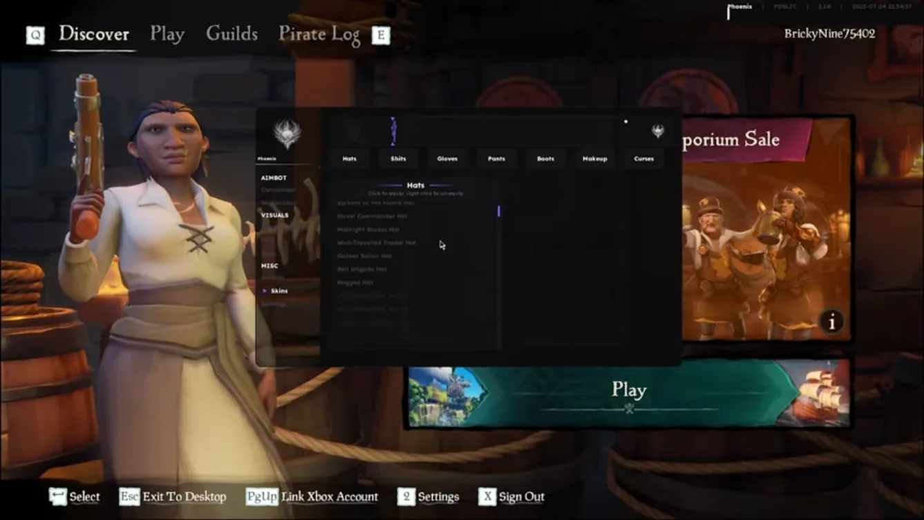 Sea of Thieves cheat mod menu with skins and settings